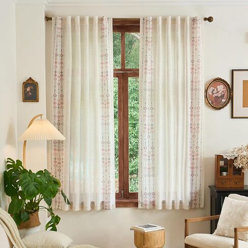 ستائر MEETSKY Boho لغرفة النوم وغرفة المعيشة بطول 84 بوصة من مزيج الكتان المنقوش المطبوع لتصفية الضوء ستائر بوهيمية غربية للمزرعة الريفية وعلامة التبويب الخلفية، لوحتان، بعرض 50 بوصة in Kuwait