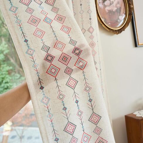 ستائر MEETSKY Boho لغرفة النوم وغرفة المعيشة بطول 84 بوصة من مزيج الكتان المنقوش المطبوع لتصفية الضوء ستائر بوهيمية غربية للمزرعة الريفية وعلامة التبويب الخلفية، لوحتان، بعرض 50 بوصة in Kuwait