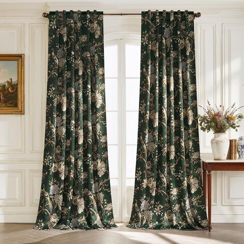 StangH Green 100% Blackout Floral Curtains 84 Inches Long, Printed Vintage Bird Pattern Thermal Insulated Cottage Backtab Drapes for Living Room/Bedroom/Sliding Door, W52xL84 Inches，2 Panels in Kuwait