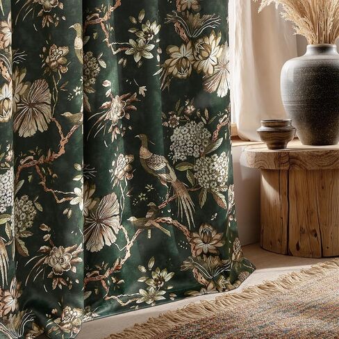 StangH Green 100% Blackout Floral Curtains 84 Inches Long, Printed Vintage Bird Pattern Thermal Insulated Cottage Backtab Drapes for Living Room/Bedroom/Sliding Door, W52xL84 Inches，2 Panels in Kuwait