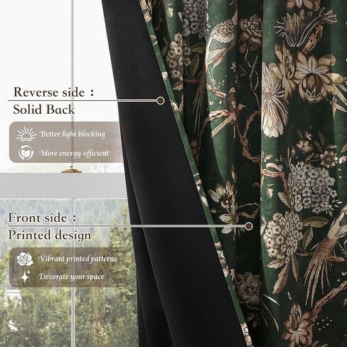 StangH Green 100% Blackout Floral Curtains 84 Inches Long, Printed Vintage Bird Pattern Thermal Insulated Cottage Backtab Drapes for Living Room/Bedroom/Sliding Door, W52xL84 Inches，2 Panels in Kuwait