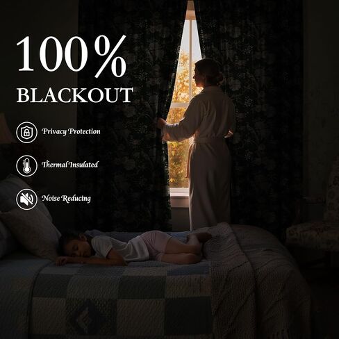 StangH Green 100% Blackout Floral Curtains 84 Inches Long, Printed Vintage Bird Pattern Thermal Insulated Cottage Backtab Drapes for Living Room/Bedroom/Sliding Door, W52xL84 Inches，2 Panels in Kuwait