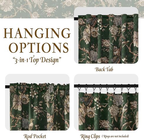 StangH Green 100% Blackout Floral Curtains 84 Inches Long, Printed Vintage Bird Pattern Thermal Insulated Cottage Backtab Drapes for Living Room/Bedroom/Sliding Door, W52xL84 Inches，2 Panels in Kuwait