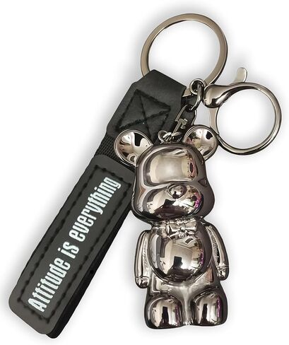 Car Keychain with Metal Bear Figurine, Leather Strap with Attitude is Everything Text, Gun Chrome Finish in Saudi Arabia