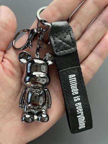 Car Keychain with Metal Bear Figurine, Leather Strap with Attitude is Everything Text, Gun Chrome Finish in Saudi Arabia