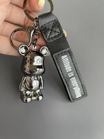 Car Keychain with Metal Bear Figurine, Leather Strap with Attitude is Everything Text, Gun Chrome Finish in Saudi Arabia