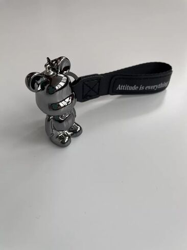 Car Keychain with Metal Bear Figurine, Leather Strap with Attitude is Everything Text, Gun Chrome Finish in Saudi Arabia