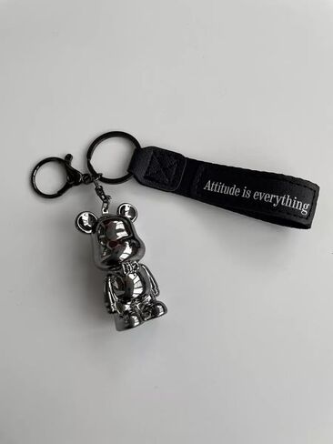 Car Keychain with Metal Bear Figurine, Leather Strap with Attitude is Everything Text, Gun Chrome Finish in Saudi Arabia
