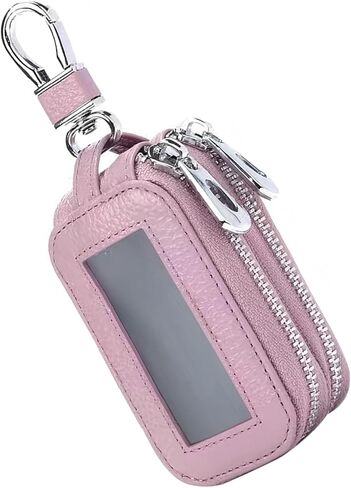 حافظة مفاتيح السيارة، منظم جلدي مزدوج، حافظة مفاتيح نافذة شفافة، حقيبة سلسلة مفاتيح للإغلاق بسحاب (وردي) in Kuwait