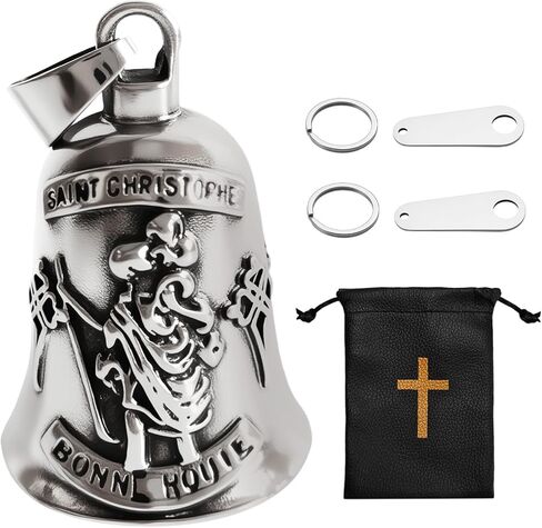 سانت كريستوفر جارديان جرس دراجة نارية، 3D سانت تصميم دراجة نارية جرس جريملين أجراس للحماية، مجموعة هدايا السائق الدينية مع الحقيبة الجلدية، جرس معدني ملهم للراكبين in Kuwait