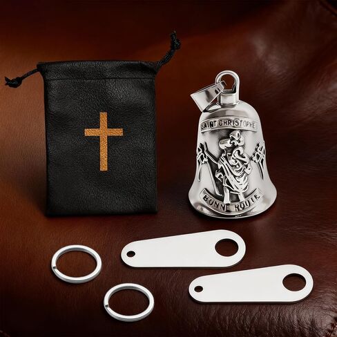 سانت كريستوفر جارديان جرس دراجة نارية، 3D سانت تصميم دراجة نارية جرس جريملين أجراس للحماية، مجموعة هدايا السائق الدينية مع الحقيبة الجلدية، جرس معدني ملهم للراكبين in Kuwait