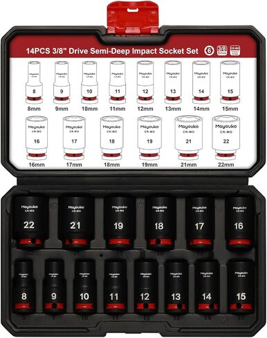 Mayouko 14PCS 3/8" Drive Semi-Deep Impact Socket Set, 8-22MM, Metric, CR-MO, Impact Grade Middle Length Socket Set, 6 Point in Kuwait