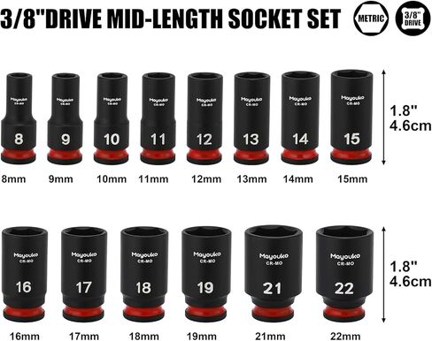 Mayouko 14PCS 3/8" Drive Semi-Deep Impact Socket Set, 8-22MM, Metric, CR-MO, Impact Grade Middle Length Socket Set, 6 Point in Kuwait