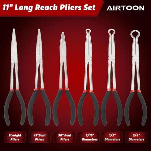 AIRTOON 6-Piece 11" Hose Gripper Plier & Long Reach Pliers Set, Straight, 45, 90-Degree Angle, 5/16-Inch, 1/2-Inch, 3/4-Inch Dia, Extra-long Pliers for Hard-to-Reach Narrow Spaces in Kuwait