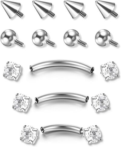 17Pcs Silver Internal Thread Curved Barbell, Eyebrow Piercing Jewelry Surgical Steel, 16G Eyebrow Rings, Clear Zircon Vertical Labret Lip Jewelry, Small Belly Button Ring for Women Men in Kuwait