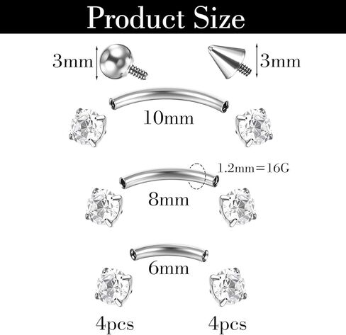 17Pcs Silver Internal Thread Curved Barbell, Eyebrow Piercing Jewelry Surgical Steel, 16G Eyebrow Rings, Clear Zircon Vertical Labret Lip Jewelry, Small Belly Button Ring for Women Men in Kuwait