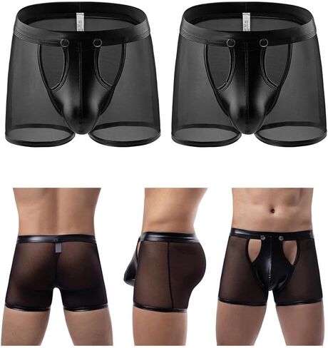 2Pcs Men's Romantic Underwear, Men's Boxer Shorts, Transparent Lace Boxer Underwear With Detachable Pockets（Black XL） in Saudi Arabia