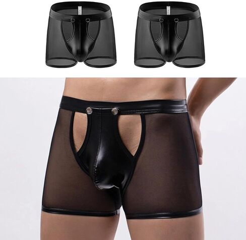2Pcs Men's Romantic Underwear, Men's Boxer Shorts, Transparent Lace Boxer Underwear With Detachable Pockets（Black XL） in Saudi Arabia