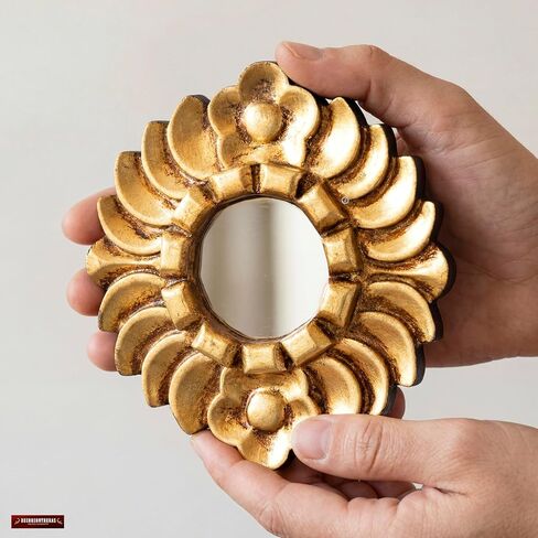 Handmade Small Gold Round mirror on the wall living room | Peruvian Hand-carved wood hanging mirror home decor | Gold leaf mirror wall art (Gold) in Kuwait