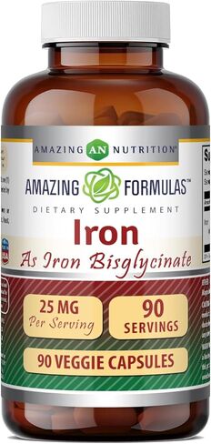Amazing Formulas Iron as Iron Bisglycinate 25 Mg Veggie Capsules (Non-GMO,Gluten Free) - Supports Oxygen Supply to Tissues & Organs-Helps in The Formation of Hemoglobin&Myoglobin.(90 Veggie Capsules) in Kuwait