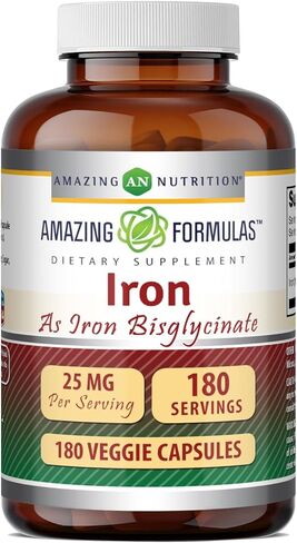 Amazing Formulas Iron as Iron Bisglycinate 25 Mg Veggie Capsules (Non-GMO,Gluten Free) - Supports Oxygen Supply to Tissues & Organs-Helps in The Formation of Hemoglobin&Myoglobin.(90 Veggie Capsules) in Saudi Arabia