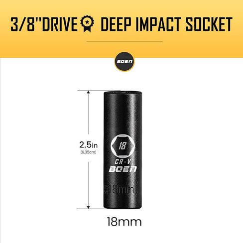 BOEN 3/8" Drive Deep Impact Sockets, Premium Impact Socket, 18mm Socket, Metric, 6 Point,Cr-V Steel with Laser Marking - Strong and Durable in Saudi Arabia