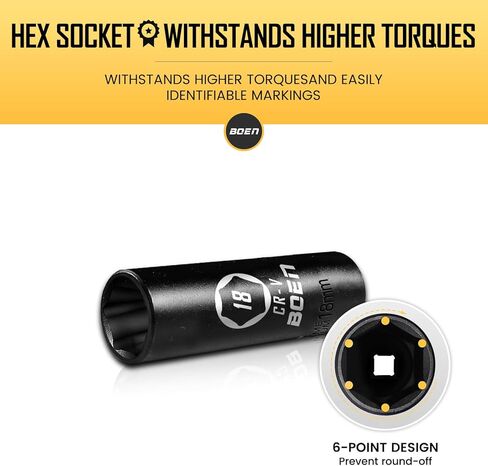 BOEN 3/8" Drive Deep Impact Sockets, Premium Impact Socket, 18mm Socket, Metric, 6 Point,Cr-V Steel with Laser Marking - Strong and Durable in Saudi Arabia