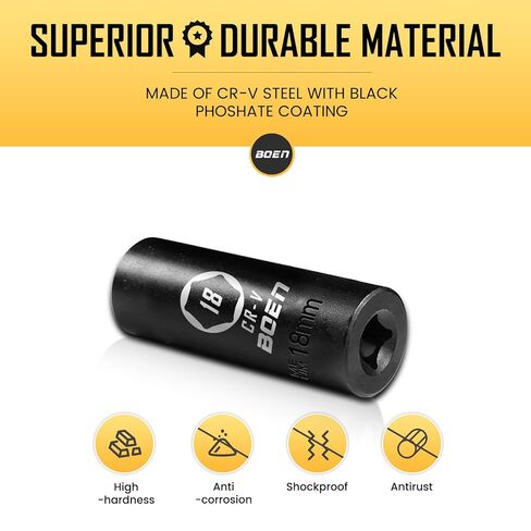 BOEN 3/8" Drive Deep Impact Sockets, Premium Impact Socket, 18mm Socket, Metric, 6 Point,Cr-V Steel with Laser Marking - Strong and Durable in Saudi Arabia