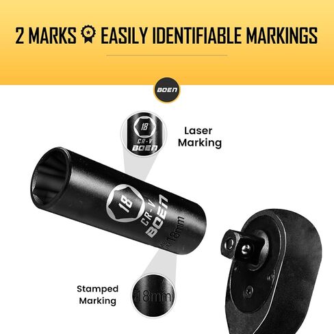 BOEN 3/8" Drive Deep Impact Sockets, Premium Impact Socket, 18mm Socket, Metric, 6 Point,Cr-V Steel with Laser Marking - Strong and Durable in Saudi Arabia