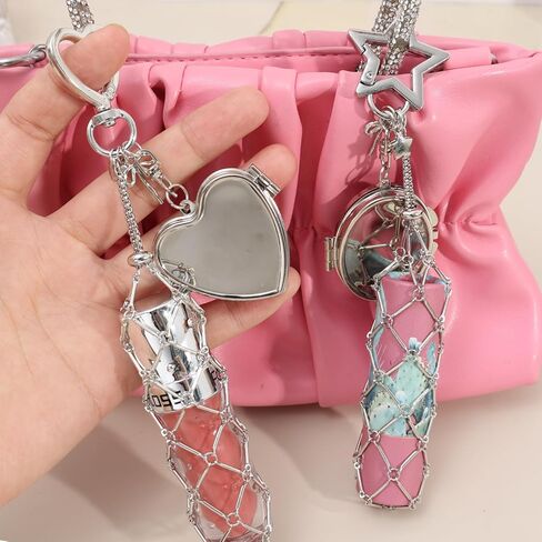 Lipstick Case Love Star Charm Keychain DIY Metal Mesh Pouch Bag Pendant Decoration Fashion Aesthetic Keyring for Women Gifts in Saudi Arabia