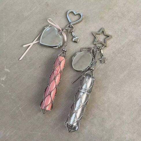 Lipstick Case Love Star Charm Keychain DIY Metal Mesh Pouch Bag Pendant Decoration Fashion Aesthetic Keyring for Women Gifts in Saudi Arabia