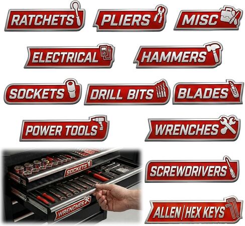 12 PCS Magnetic Tool Chest Labels, Red and White Reusable Drawer Organizer Tags for Professional Toolboxes, Metal Cabinets and Workshop Organization in Saudi Arabia