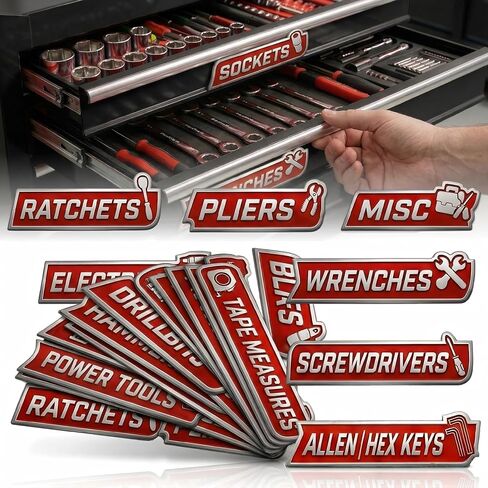 12 PCS Magnetic Tool Chest Labels, Red and White Reusable Drawer Organizer Tags for Professional Toolboxes, Metal Cabinets and Workshop Organization in Saudi Arabia