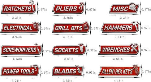 12 PCS Magnetic Tool Chest Labels, Red and White Reusable Drawer Organizer Tags for Professional Toolboxes, Metal Cabinets and Workshop Organization in Saudi Arabia