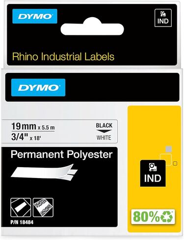 ملصقات DYMO Rhino الصناعية الدائمة من البوليستر مقاس 3/4 بوصة مطبوعة باللون الأسود على شريط أبيض in Saudi Arabia