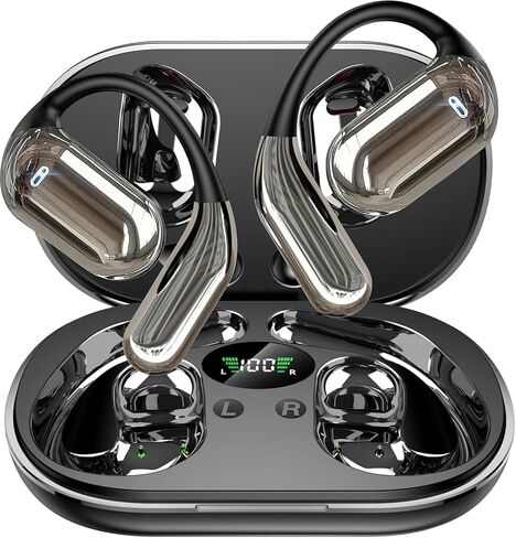 Open Ear Bluetooth 5.4 سماعات الرأس ، سماعات الأذن اللاسلكية الرياضية على سماعات الأذن المدمجة في الميكروفون مع خطافات الأذن 50H Playtime Ear Buds Case Display Case ، تصميم مقاوم للماء لتشغيل اللياقة البدنية ، الأسود in Kuwait