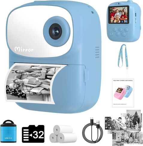2025 New Kids Camera Print مع مرآة ， 1080p HD كاميرا رقمية ثنائية العدسة مع 3 لفات بطباعة وبطاقة 32 جرام ， هدايا عيد ميلاد العطلة لطفل صغير 3-12 in Kuwait