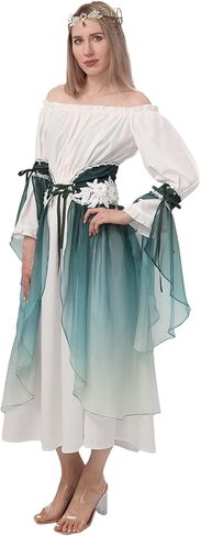 فستان نسائي من عصر النهضة، زي قزم تنكري، تنورة Elven من العصور الوسطى بأكمام قابلة للفصل، عيد الهالوين Ren Fair in Kuwait