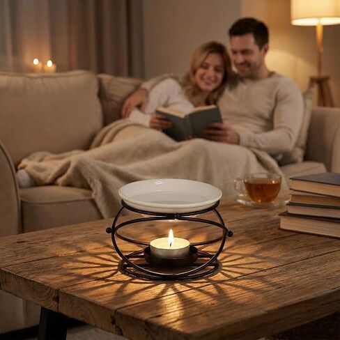 Wrought Iron Oil Burner & Candle Holder - Decorative Black Metal Wax Warmer with Openwork Design for Aromatherapy, Tealight Candles - Home Décor Centerpiece for Table, Bedroom, Living Room in Saudi Arabia