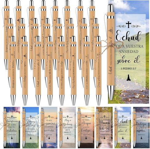 24 Set Spanish Christian Church Gift Bulk Bible Verse Pens With Scripture Bookmarks Bamboo Pen Inspirational First Communion Pen Pastor Student Teacher Sunday School Appreciation Gifts in Kuwait
