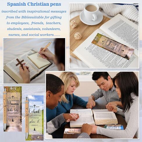 24 Set Spanish Christian Church Gift Bulk Bible Verse Pens With Scripture Bookmarks Bamboo Pen Inspirational First Communion Pen Pastor Student Teacher Sunday School Appreciation Gifts in Kuwait