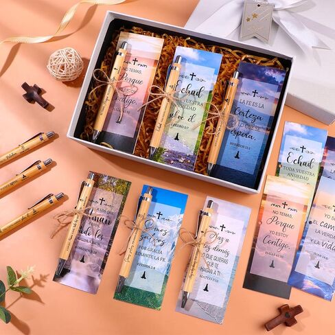 24 Set Spanish Christian Church Gift Bulk Bible Verse Pens With Scripture Bookmarks Bamboo Pen Inspirational First Communion Pen Pastor Student Teacher Sunday School Appreciation Gifts in Kuwait