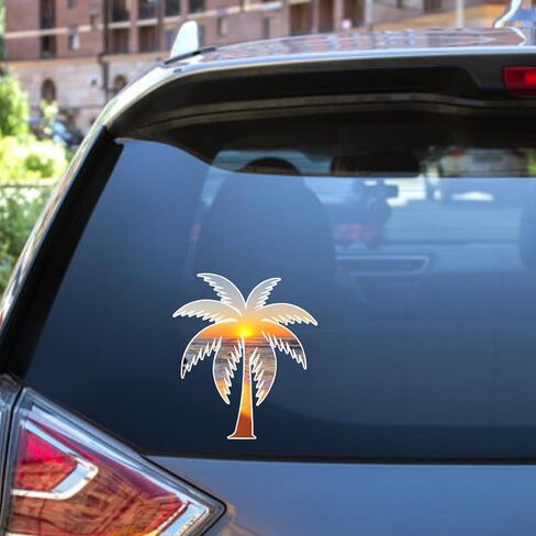 Palm Tree Beach Sticker Waterproof Decal (4x4 Inch) - Tropical Vinyl Car Stickers for Windows Laptop Water Bottles Cooler SUV Truck - Outdoor Decals for Travel Surf Summer Vibes in Saudi Arabia