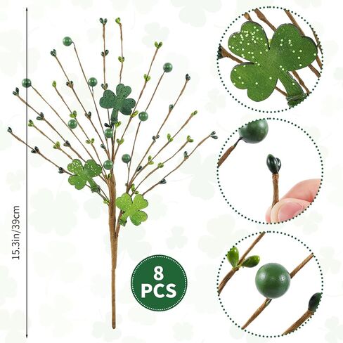 8 Pack St. Patrick's Day Glitter Branches 15in Artificial Shamrock Flower Picks Green Berry Stems for St. Patrick's Day Home Party Centerpiece Decor (Clover) in Kuwait
