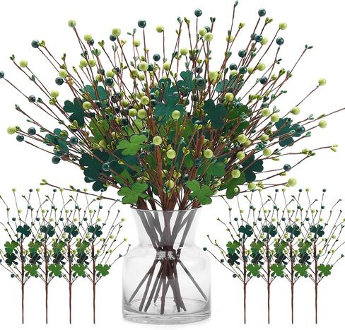 8 Pack St. Patrick's Day Glitter Branches 15in Artificial Shamrock Flower Picks Green Berry Stems for St. Patrick's Day Home Party Centerpiece Decor (Clover) in Kuwait
