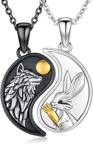 Yin Yang Matching Jewelry Set 925 Sterling Silver Rabbit Wolf Necklace/Angel Devil Couples Necklace Couple Pendant Couples Jewelry Birthday Gift For Women Men Husband Wife in Kuwait