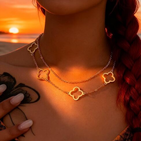 قلادات البرسيم المطلية بالذهب للنساء أربع أوراق، طبقات أنيقة مجوفة لاكي 4 أوراق قلادة قلادة صغيرة لطيفة قلادة هدايا عيد ميلاد غير مشوهة in Kuwait