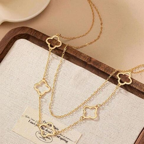 قلادات البرسيم المطلية بالذهب للنساء أربع أوراق، طبقات أنيقة مجوفة لاكي 4 أوراق قلادة قلادة صغيرة لطيفة قلادة هدايا عيد ميلاد غير مشوهة in Kuwait