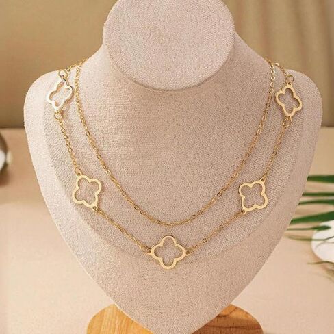 قلادات البرسيم المطلية بالذهب للنساء أربع أوراق، طبقات أنيقة مجوفة لاكي 4 أوراق قلادة قلادة صغيرة لطيفة قلادة هدايا عيد ميلاد غير مشوهة in Kuwait