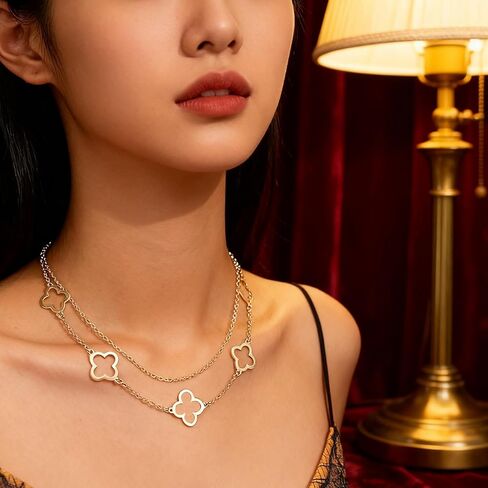 قلادات البرسيم المطلية بالذهب للنساء أربع أوراق، طبقات أنيقة مجوفة لاكي 4 أوراق قلادة قلادة صغيرة لطيفة قلادة هدايا عيد ميلاد غير مشوهة in Kuwait